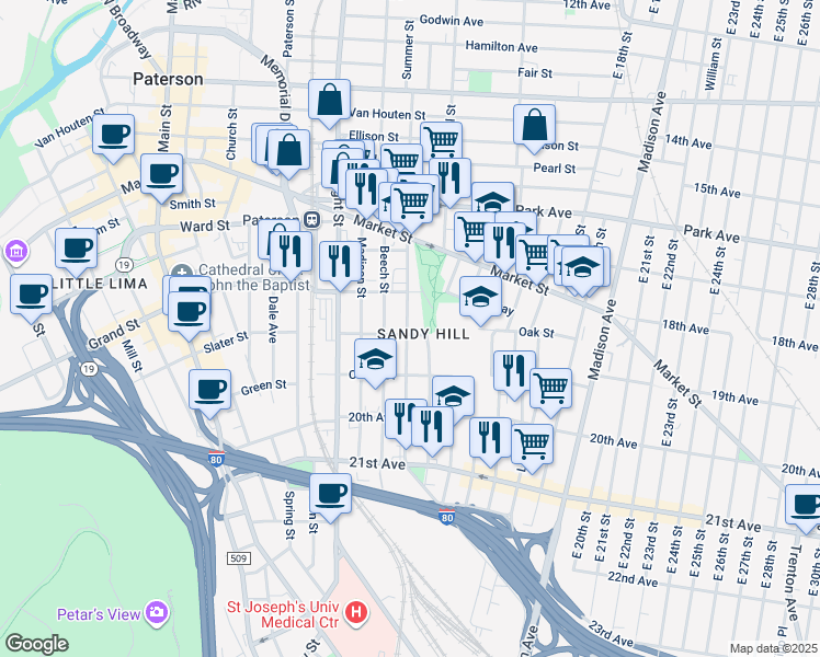 map of restaurants, bars, coffee shops, grocery stores, and more near 463 Summer Street in Paterson
