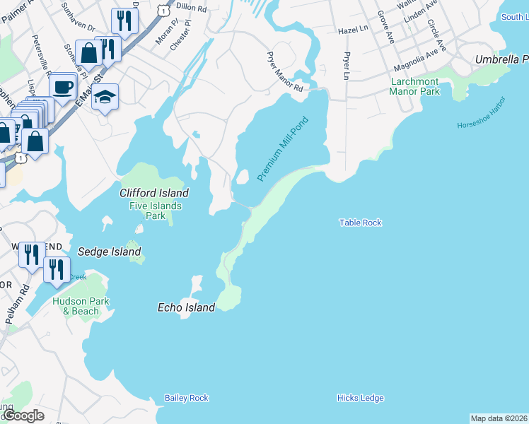 map of restaurants, bars, coffee shops, grocery stores, and more near 108 Premium Point in New Rochelle