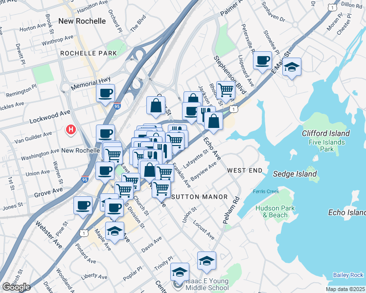 map of restaurants, bars, coffee shops, grocery stores, and more near 394 Main Street in New Rochelle