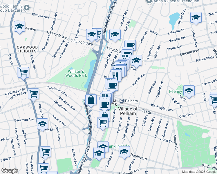 map of restaurants, bars, coffee shops, grocery stores, and more near 11 Fifth Avenue in Village of Pelham