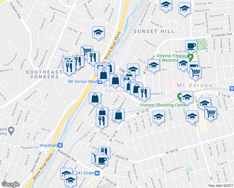 map of restaurants, bars, coffee shops, grocery stores, and more near 32 South High Street in Mount Vernon