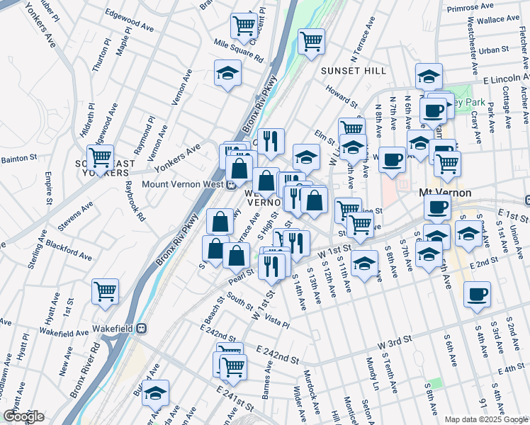 map of restaurants, bars, coffee shops, grocery stores, and more near 32 South High Street in Mount Vernon