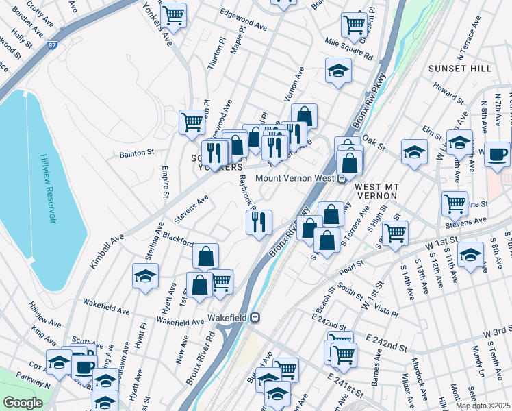 map of restaurants, bars, coffee shops, grocery stores, and more near 131 Huntsbridge Road in Yonkers