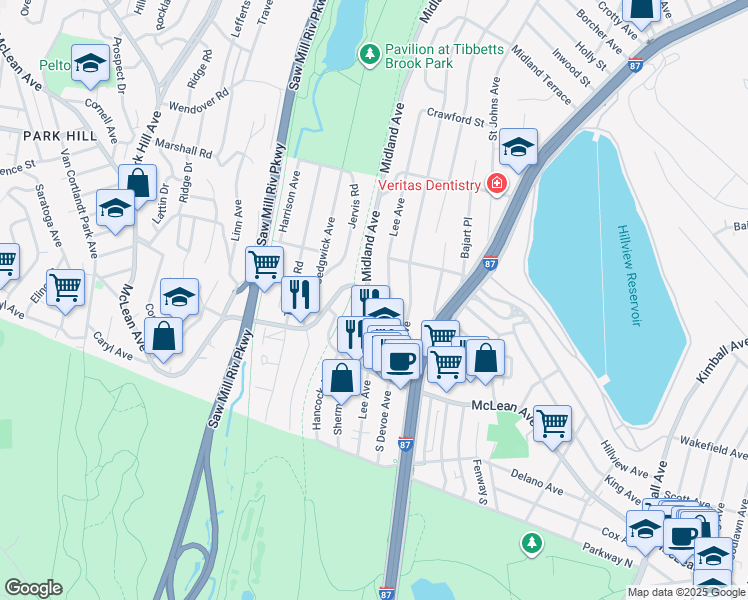 map of restaurants, bars, coffee shops, grocery stores, and more near in Yonkers