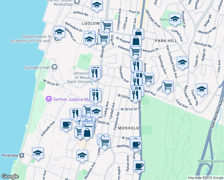 map of restaurants, bars, coffee shops, grocery stores, and more near 6139 Tyndall Avenue in Bronx