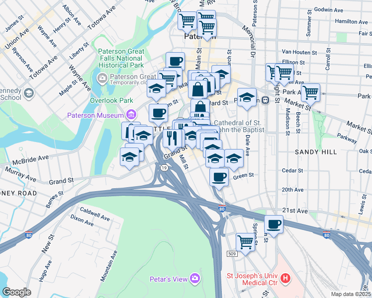 map of restaurants, bars, coffee shops, grocery stores, and more near 68 Marshall Street in Paterson