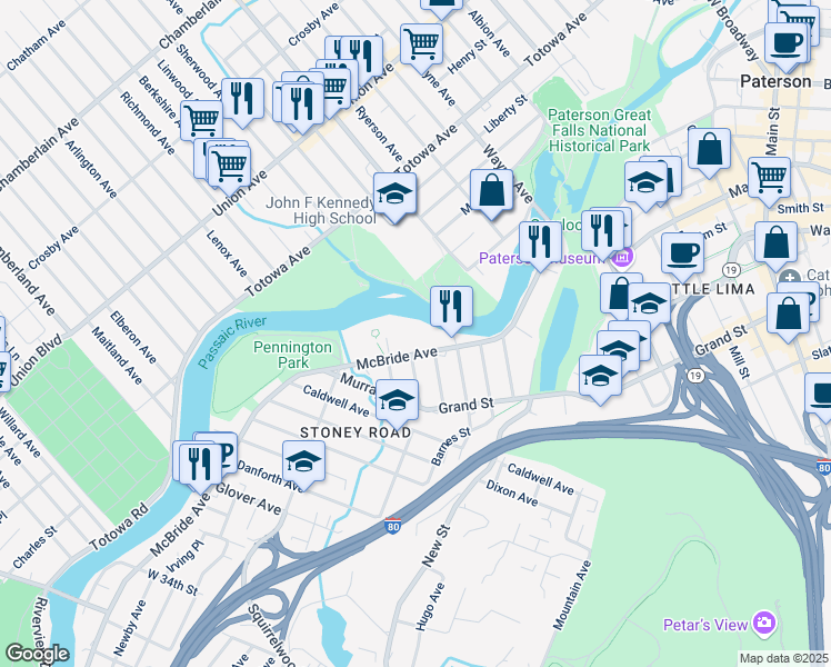 map of restaurants, bars, coffee shops, grocery stores, and more near 287 McBride Avenue in Paterson