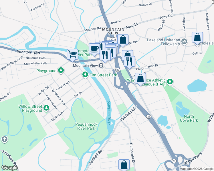 map of restaurants, bars, coffee shops, grocery stores, and more near 99 Fayette Avenue in Wayne