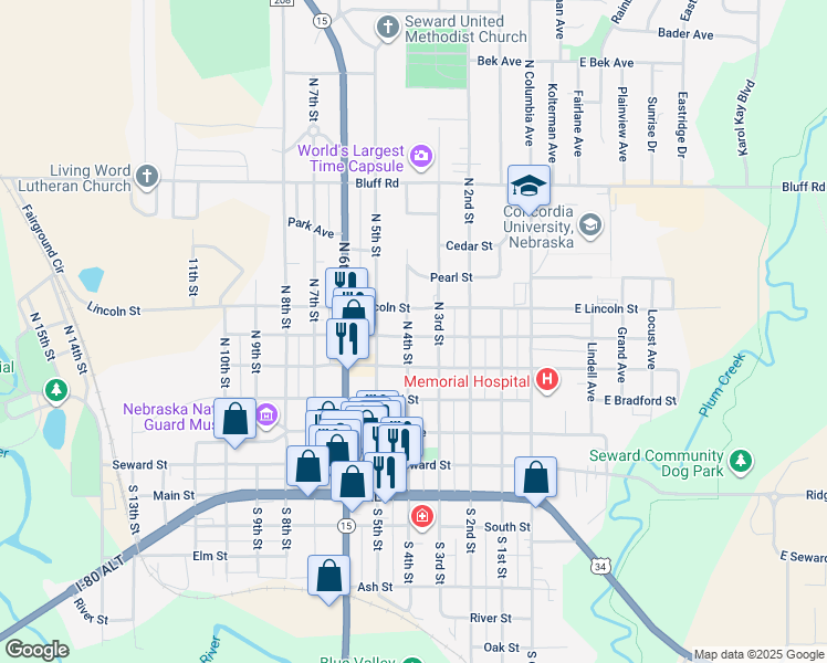 map of restaurants, bars, coffee shops, grocery stores, and more near 424 North 4th Street in Seward