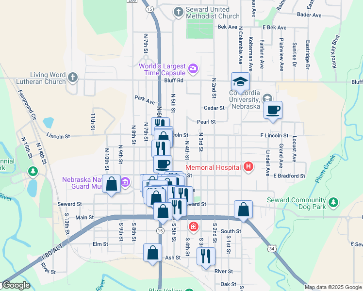 map of restaurants, bars, coffee shops, grocery stores, and more near 424 North 4th Street in Seward