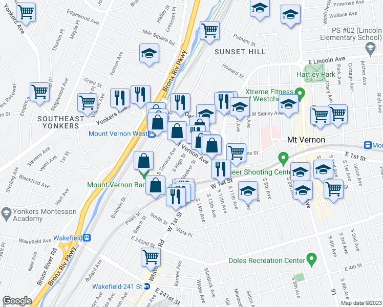 map of restaurants, bars, coffee shops, grocery stores, and more near 56 Mount Vernon Avenue in Mount Vernon