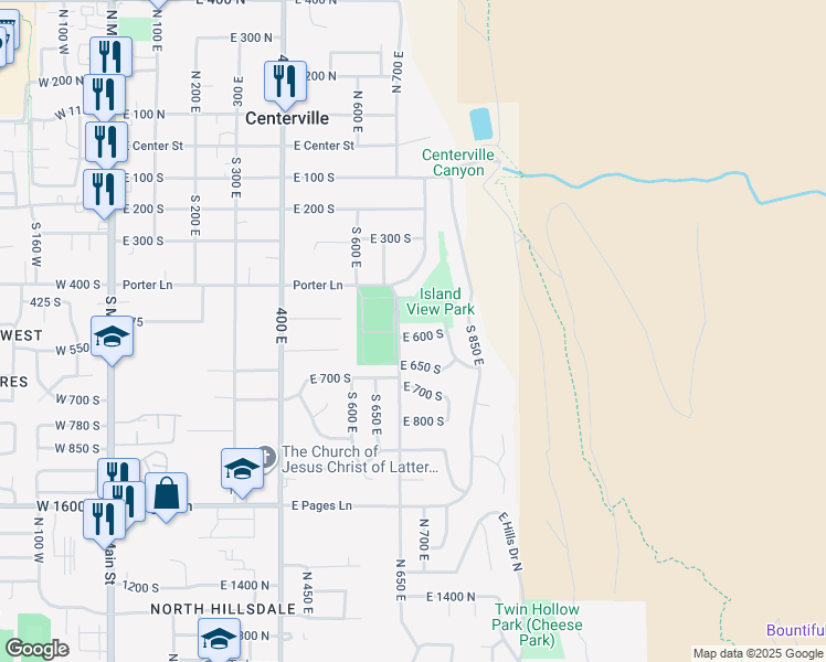 map of restaurants, bars, coffee shops, grocery stores, and more near 725 East 600 South in Centerville