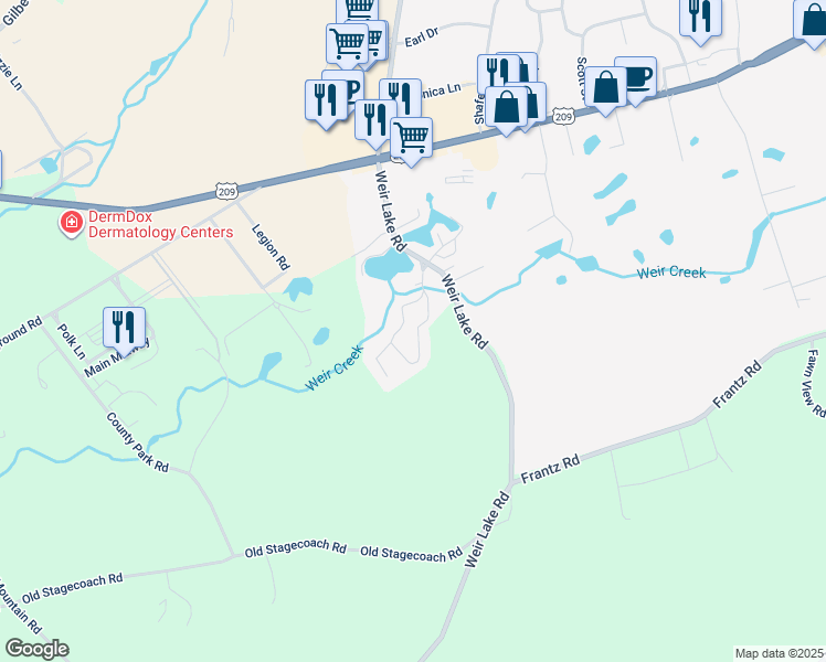 map of restaurants, bars, coffee shops, grocery stores, and more near Hickory Drive in Kunkletown