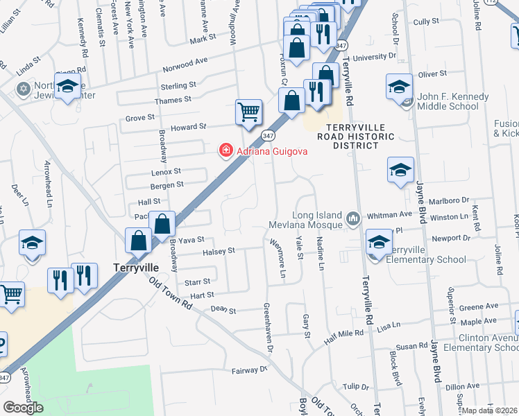 map of restaurants, bars, coffee shops, grocery stores, and more near 305 Sara Circle in Port Jefferson Station