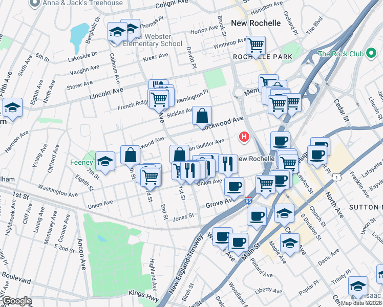 map of restaurants, bars, coffee shops, grocery stores, and more near 123 Van Guilder Avenue in New Rochelle