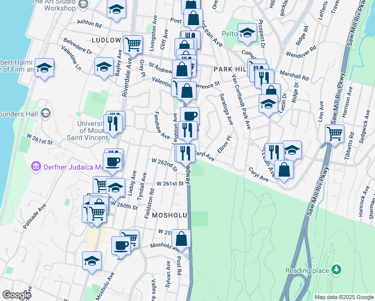 map of restaurants, bars, coffee shops, grocery stores, and more near S Broadway & Caryl Ave in Yonkers