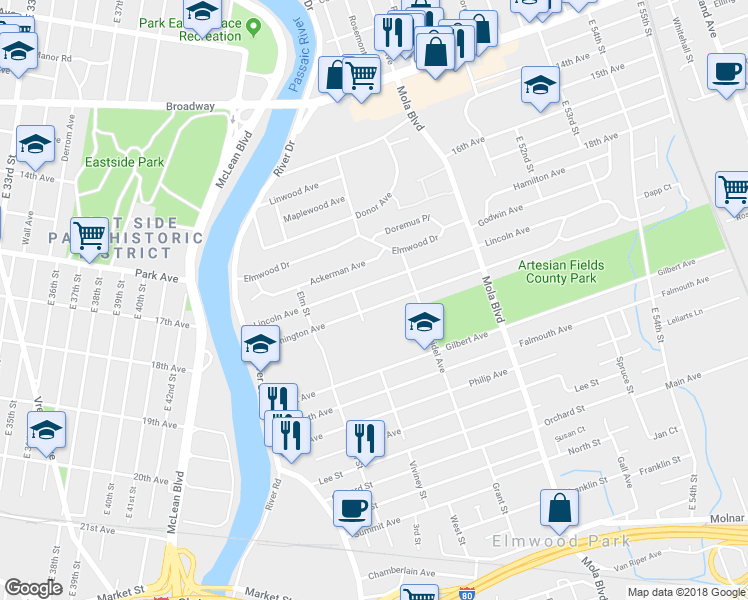 map of restaurants, bars, coffee shops, grocery stores, and more near 89 Washington Avenue in Elmwood Park