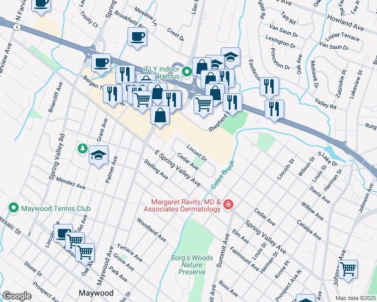 map of restaurants, bars, coffee shops, grocery stores, and more near 89 Locust Drive in Maywood