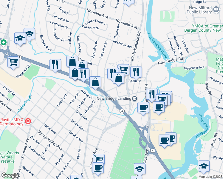 map of restaurants, bars, coffee shops, grocery stores, and more near 586 Main Street in Hackensack