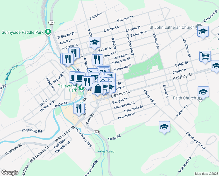map of restaurants, bars, coffee shops, grocery stores, and more near 104 North Allegheny Street in Bellefonte