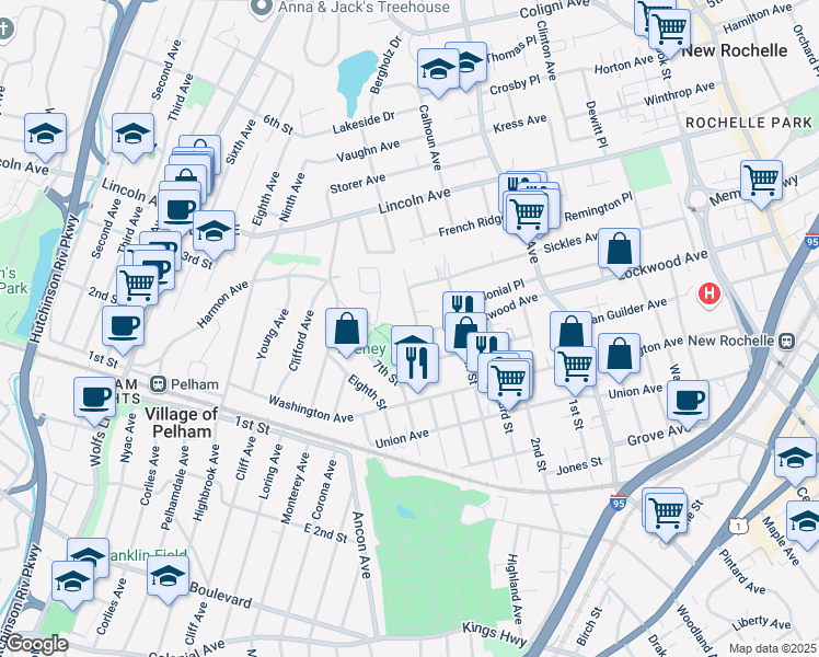 map of restaurants, bars, coffee shops, grocery stores, and more near 51 Madeleine Avenue in New Rochelle
