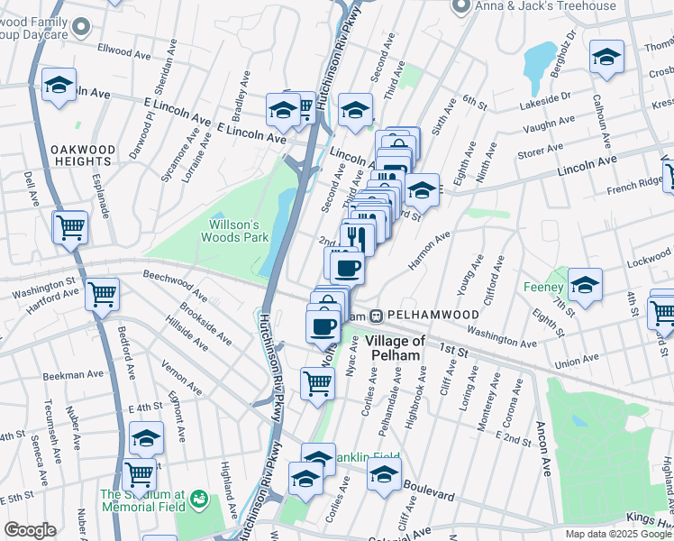 map of restaurants, bars, coffee shops, grocery stores, and more near 70 2nd Street in Village of Pelham