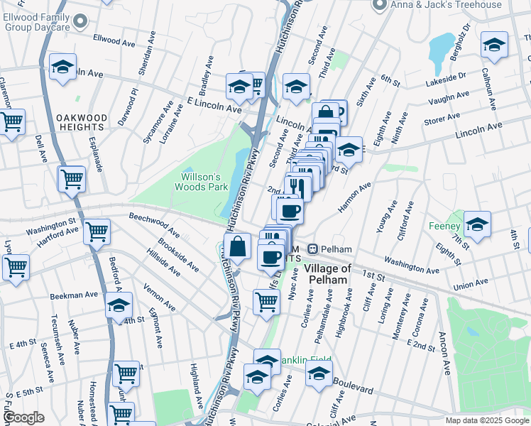 map of restaurants, bars, coffee shops, grocery stores, and more near 32 Second Avenue in Village of Pelham