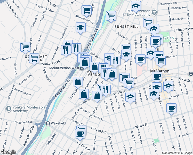 map of restaurants, bars, coffee shops, grocery stores, and more near in Mount Vernon