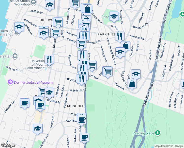 map of restaurants, bars, coffee shops, grocery stores, and more near 143 Bruce Avenue in Yonkers