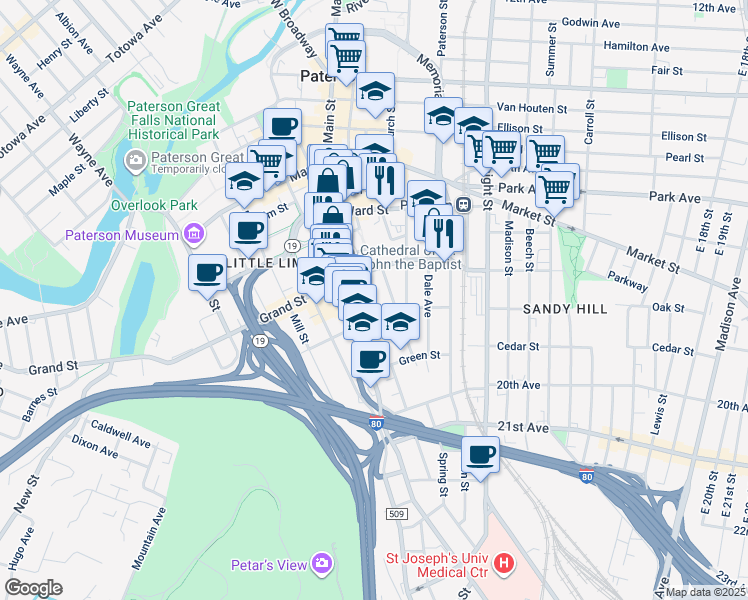map of restaurants, bars, coffee shops, grocery stores, and more near 418 Grand Street in Paterson