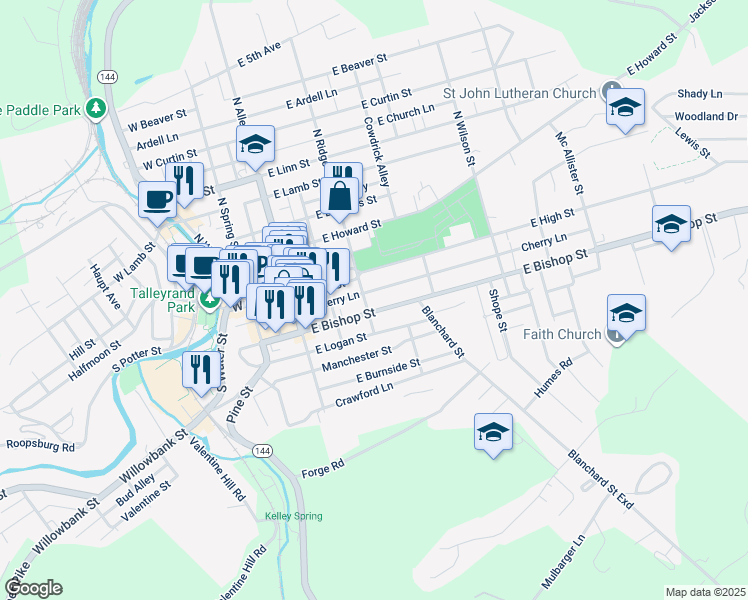 map of restaurants, bars, coffee shops, grocery stores, and more near 107 South Ridge Street in Bellefonte
