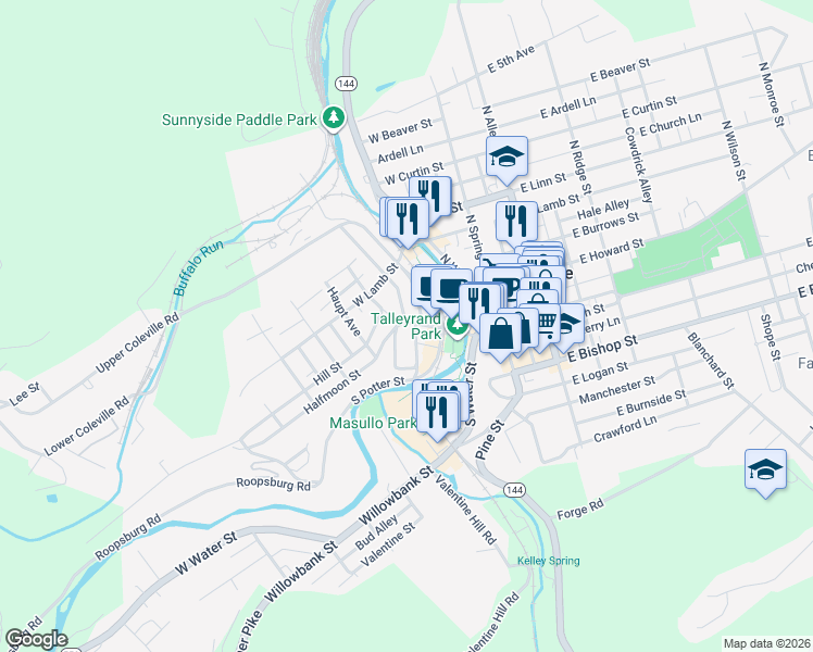 map of restaurants, bars, coffee shops, grocery stores, and more near 118-120 Shoemaker Ave in Bellefonte