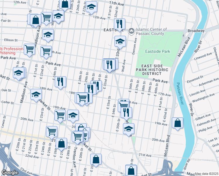 map of restaurants, bars, coffee shops, grocery stores, and more near 340 East 33rd Street in Paterson