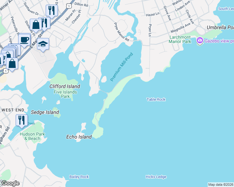 map of restaurants, bars, coffee shops, grocery stores, and more near 102 Premium Point in New Rochelle
