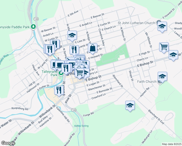 map of restaurants, bars, coffee shops, grocery stores, and more near 102 East High Street in Bellefonte