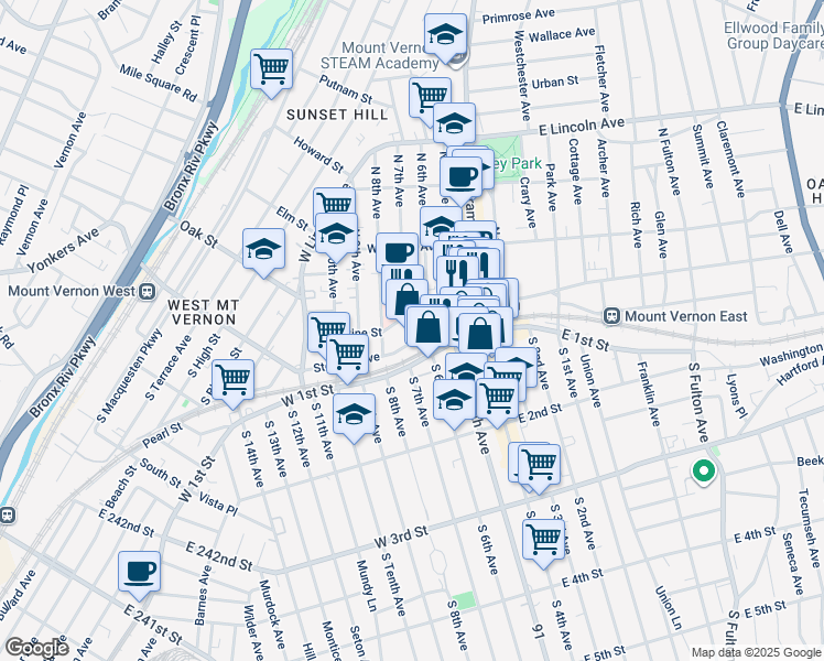 map of restaurants, bars, coffee shops, grocery stores, and more near 1 Roosevelt Square North in Mount Vernon