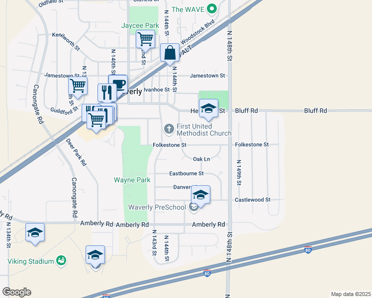map of restaurants, bars, coffee shops, grocery stores, and more near 10320 North 145th Street in Waverly