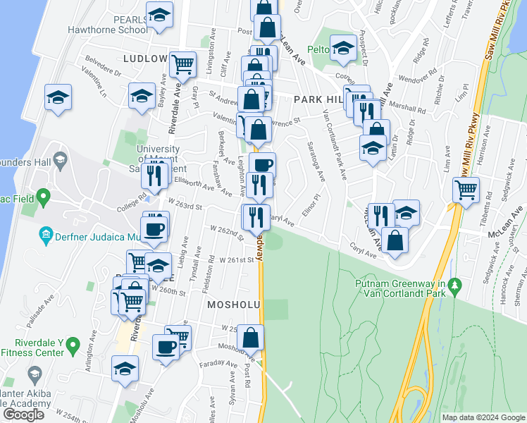 map of restaurants, bars, coffee shops, grocery stores, and more near 1 Caryl Avenue in Yonkers