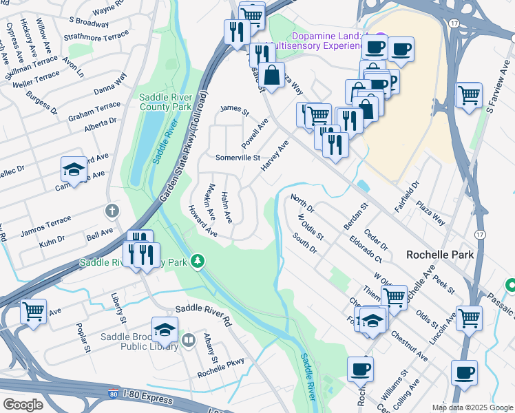 map of restaurants, bars, coffee shops, grocery stores, and more near 11 Howard Avenue in Rochelle Park