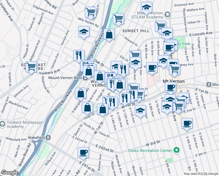 map of restaurants, bars, coffee shops, grocery stores, and more near 17 North High Street in Mount Vernon