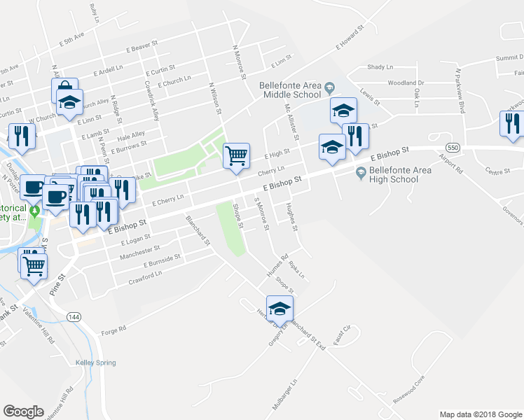 map of restaurants, bars, coffee shops, grocery stores, and more near South Monroe Street in Bellefonte