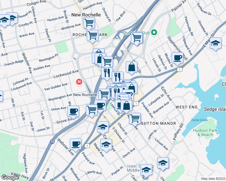 map of restaurants, bars, coffee shops, grocery stores, and more near 181 Huguenot Street in New Rochelle