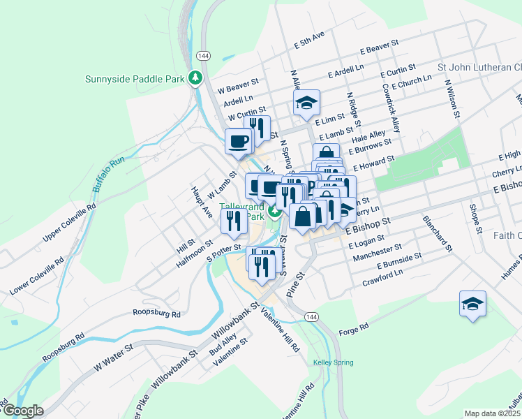 map of restaurants, bars, coffee shops, grocery stores, and more near 407 West High Street in Bellefonte