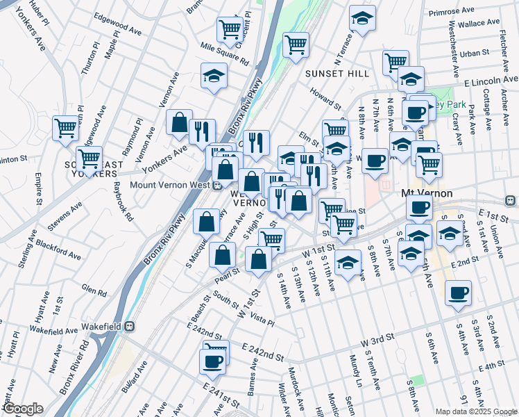 map of restaurants, bars, coffee shops, grocery stores, and more near in Mount Vernon