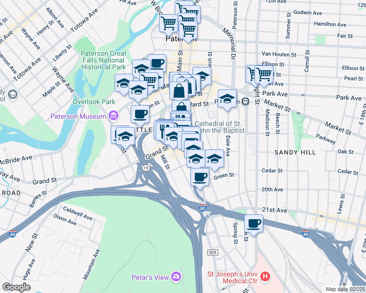 map of restaurants, bars, coffee shops, grocery stores, and more near 390-392 Main Street in Paterson