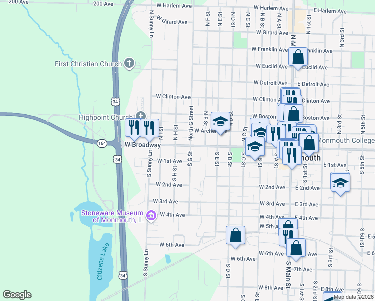 map of restaurants, bars, coffee shops, grocery stores, and more near 116-160 North G Street in Monmouth