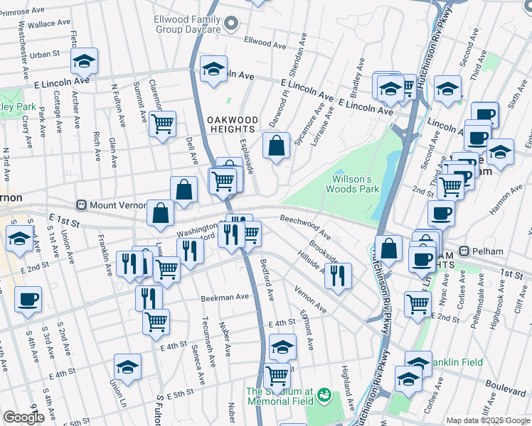 map of restaurants, bars, coffee shops, grocery stores, and more near 38 Lorraine Avenue in Mount Vernon