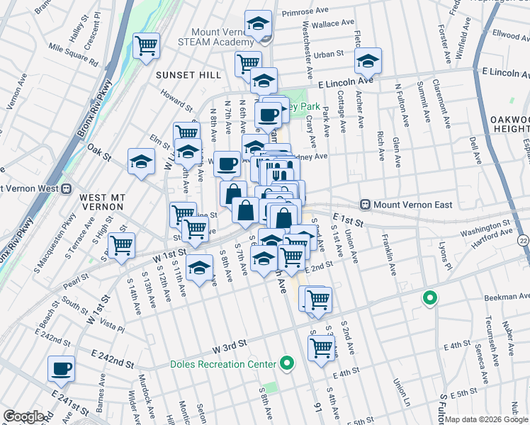 map of restaurants, bars, coffee shops, grocery stores, and more near in Mount Vernon