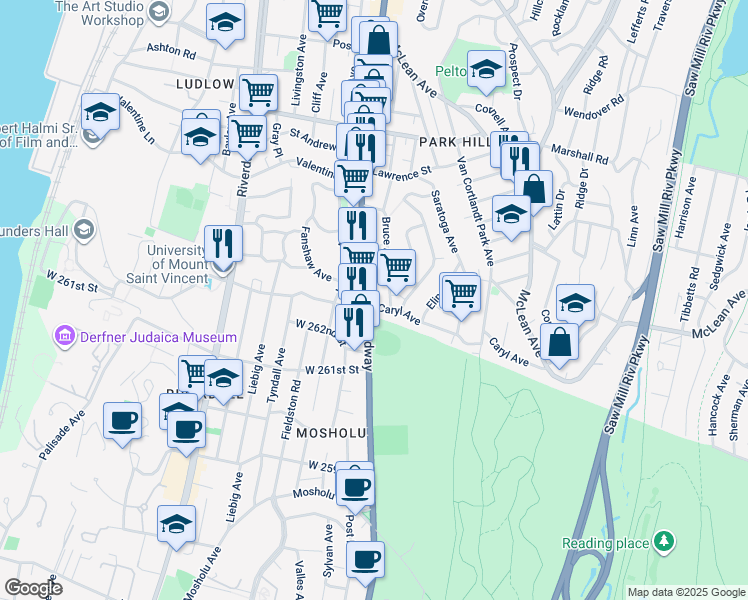 map of restaurants, bars, coffee shops, grocery stores, and more near 143 Bruce Avenue in Yonkers