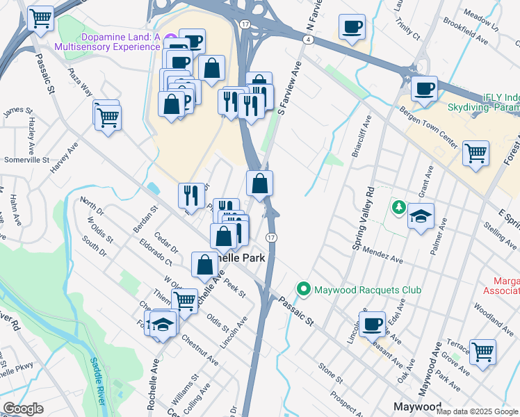 map of restaurants, bars, coffee shops, grocery stores, and more near 114 South Farview Avenue in Paramus